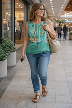 Linea Domani Sleeveless Blouse at Blue Sparrow Shop on woman walking in mall 