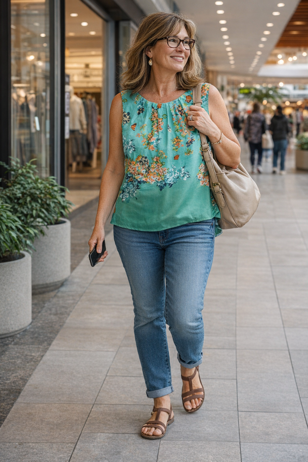 Linea Domani Sleeveless Blouse at Blue Sparrow Shop on woman walking in mall 