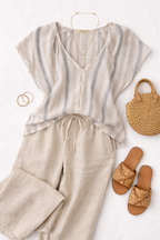 Linen Blend Button Front Blouse | Size S at Blue Sparrow Shop  flatlay with linen pants, sandals, bag