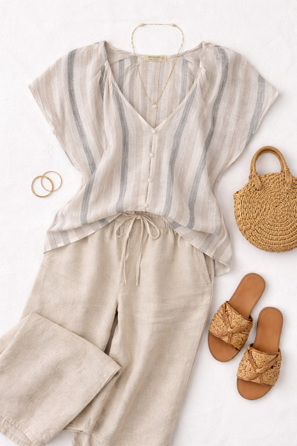 Linen Blend Button Front Blouse | Size S at Blue Sparrow Shop  flatlay with linen pants, sandals, bag