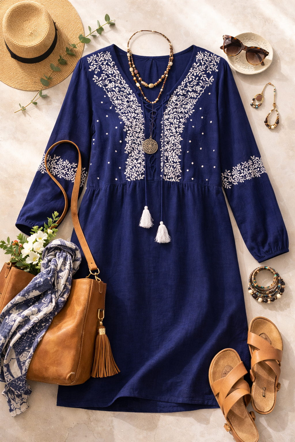 Linen Blend Embroidered Boho Dress at Blue Sparrow Shop lifestyle photo 