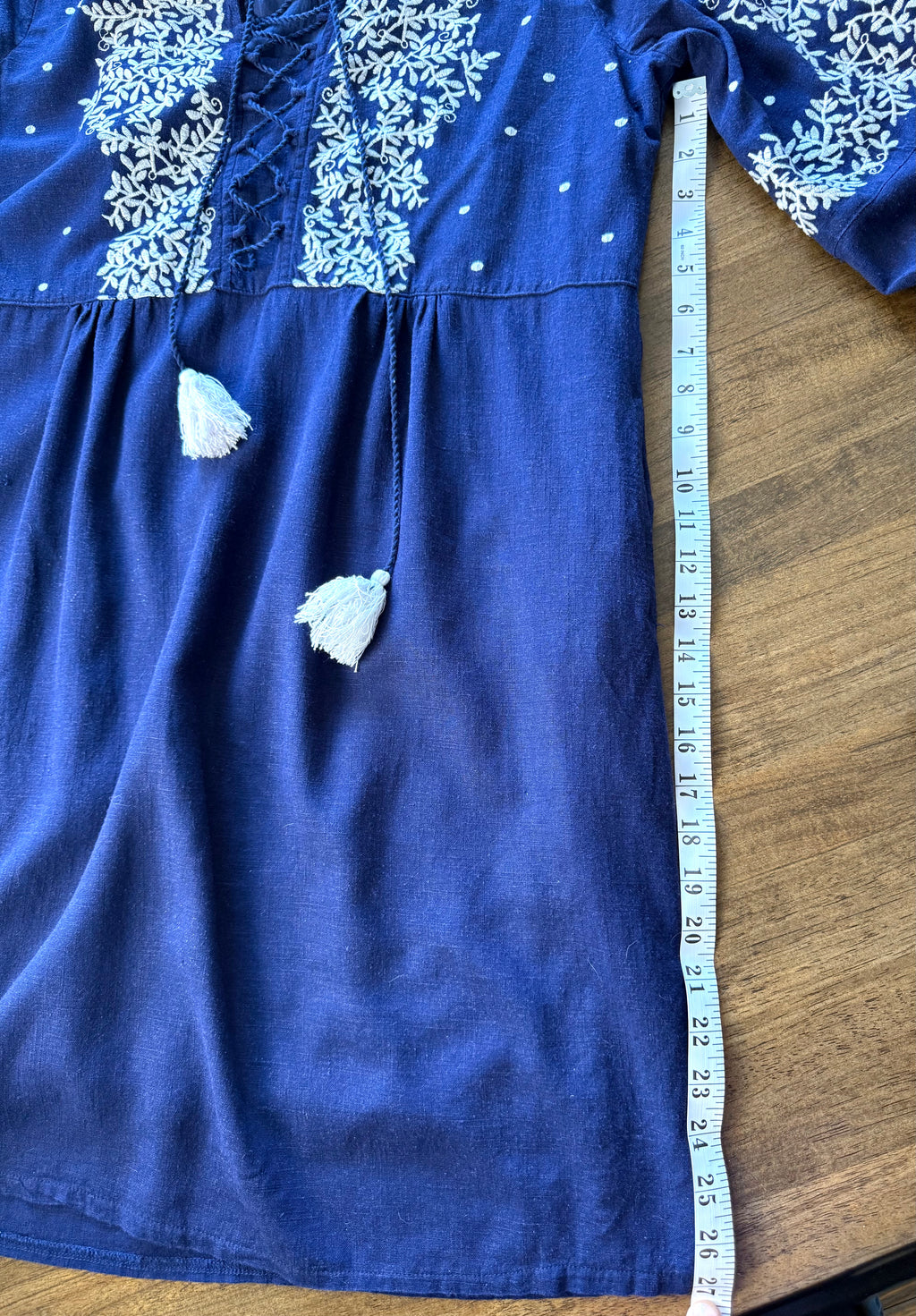 Linen Blend Embroidered Boho Dress at Blue Sparrow Shop measuring 27" underarm to hem