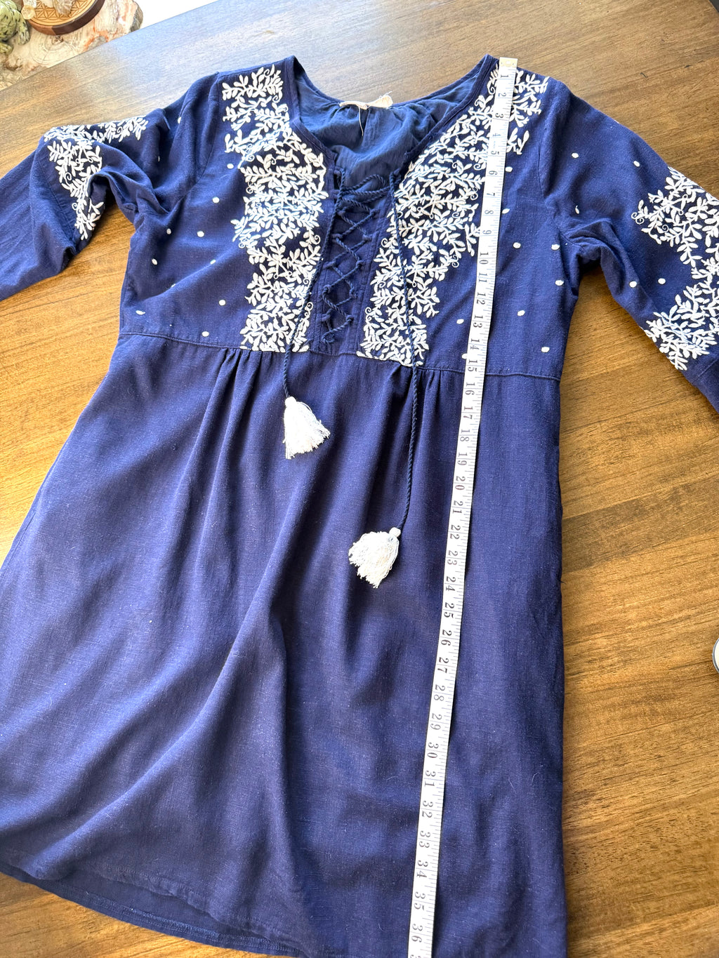 Linen Blend Embroidered Boho Dress at Blue Sparrow Shop measuring 38" shoulder to hem