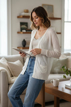 Linen Blend J.CREW Lightweight Cardigan | Size M at Blue Sparrow Shop on woman looking at ipad