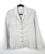Liz Claiborne 100% linen blazer petite light grey minimalist summer jacket with button front and chest pockets on hanger