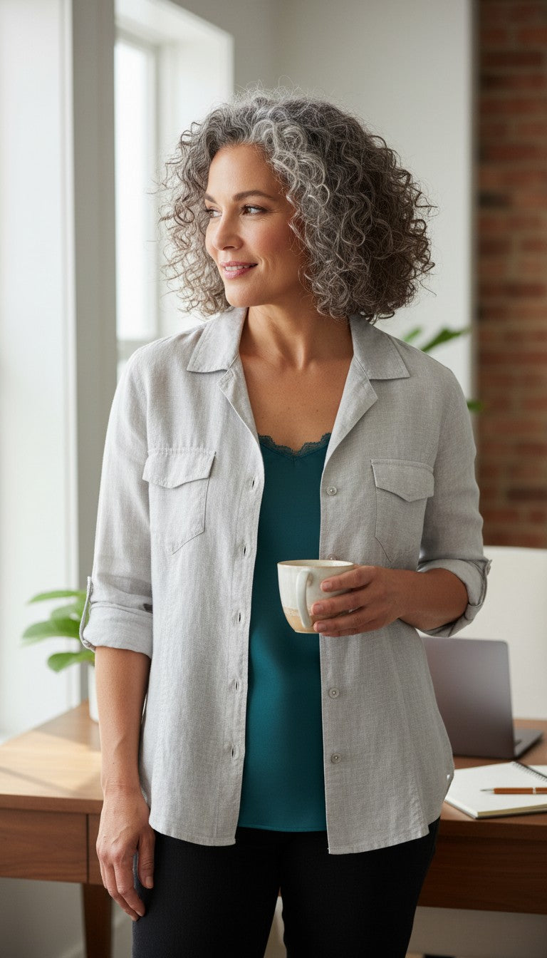 Liz Claiborne 100% Linen Blazer | Size L on woman holding coffee cup