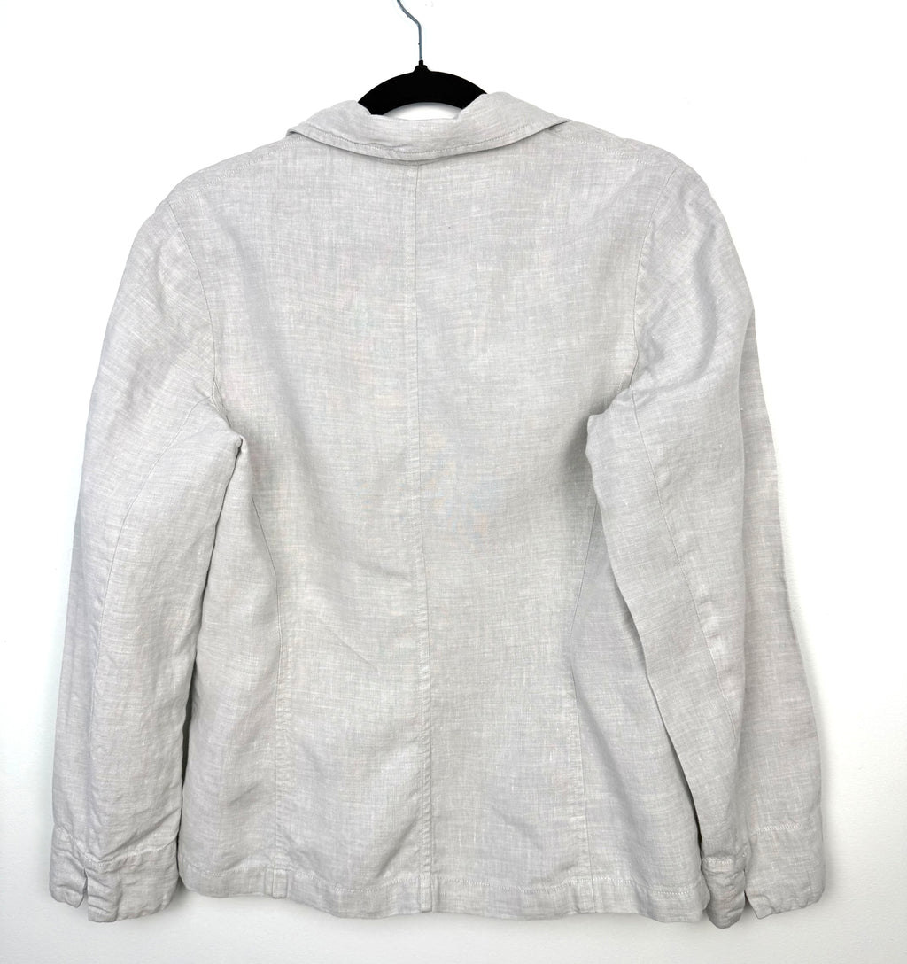 Liz Claiborne 100 percent linen blazer women petite light grey breathable summer layering jacket back view on hanger