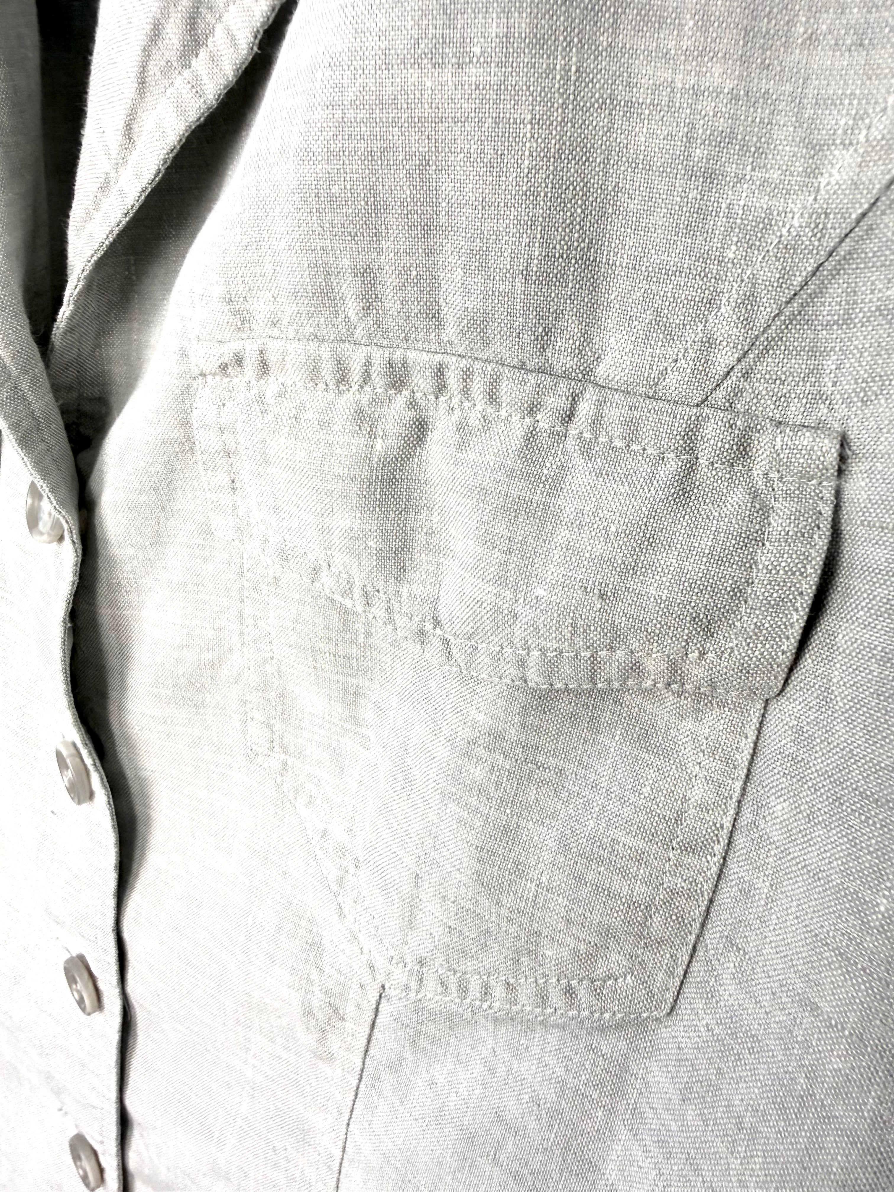 Liz Claiborne linen blazer chest pocket detail light grey neutral capsule wardrobe jacket