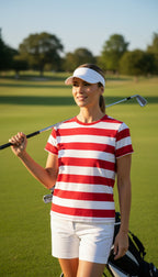 Liz Golf 95% Cotton Bold Stripe Crew Neck Tee — Red and White | Athletic Casual | Size XL at Blue Sparrow Shop on woman holding a golf club on greens