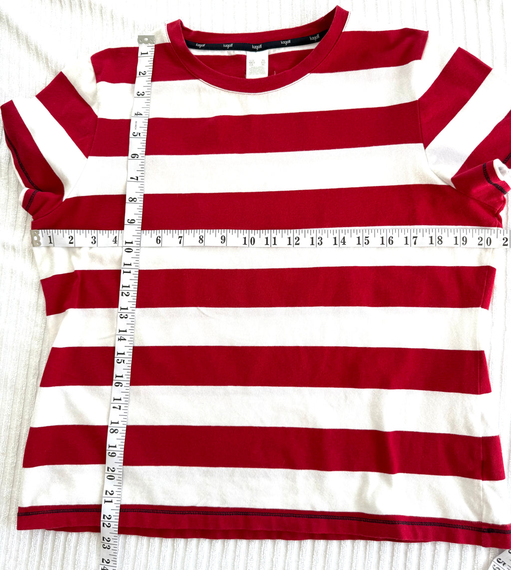 Liz Golf 95% Cotton Bold Stripe Crew Neck Tee — Red and White | Athletic Casual | Size XL at Blue Sparrow Shop measuring 40" bust and 22" shoulder to hem 