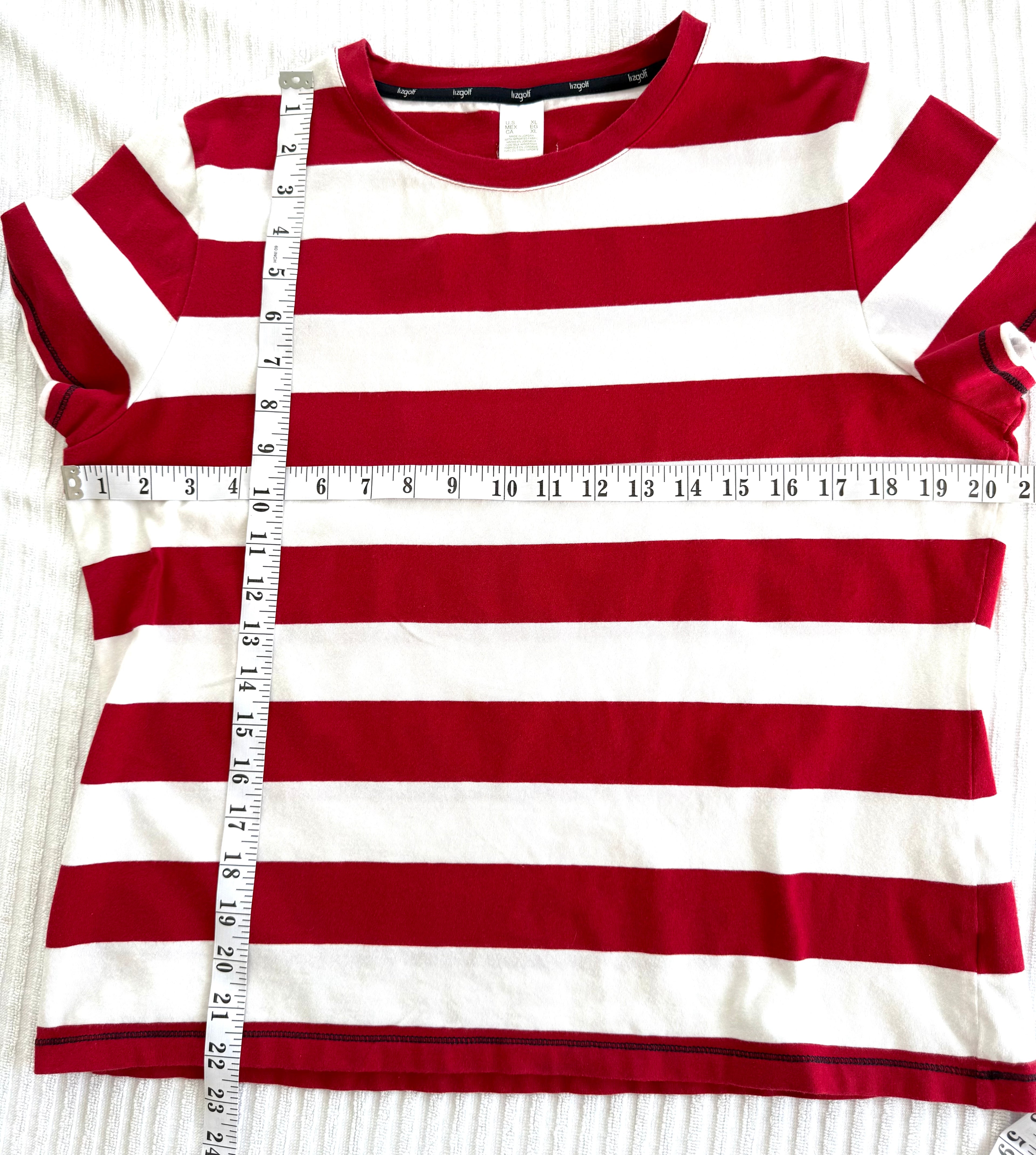 Liz Golf 95% Cotton Bold Stripe Crew Neck Tee — Red and White | Athletic Casual | Size XL at Blue Sparrow Shop measuring 40" bust and 22" shoulder to hem 
