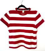 front of Liz Golf 95% Cotton Bold Stripe Crew Neck Tee — Red and White | Athletic Casual | Size XL at Blue Sparrow Shop on hanger