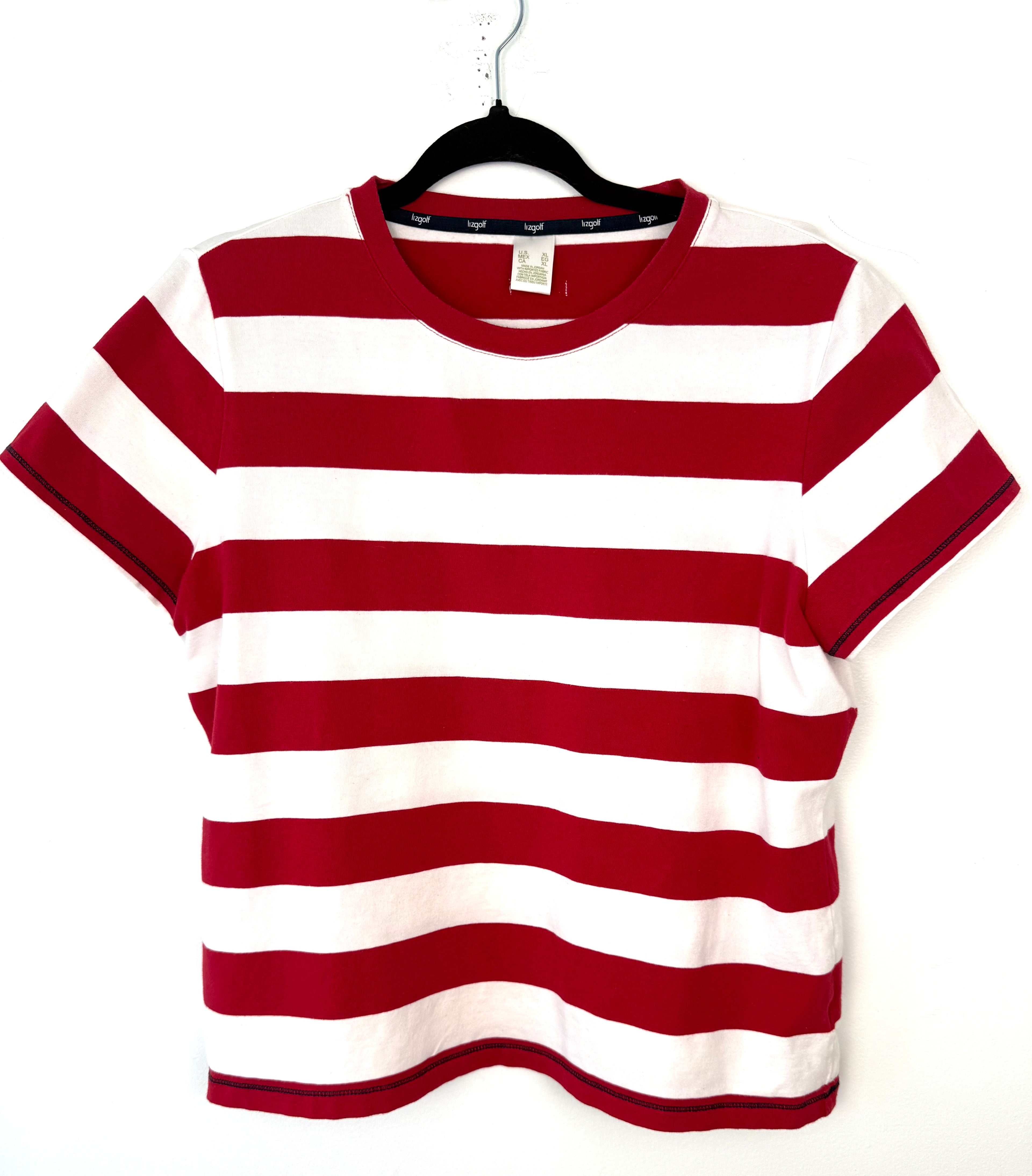 front of Liz Golf 95% Cotton Bold Stripe Crew Neck Tee — Red and White | Athletic Casual | Size XL at Blue Sparrow Shop on hanger