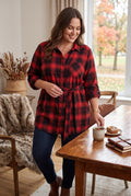 Ricki's Long Plaid Shirt with Belt | Size XL on ai woman looking at tea on table 