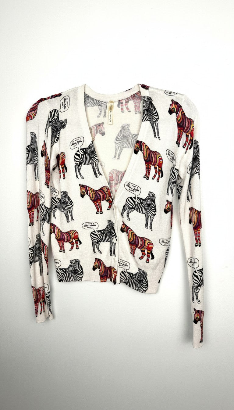 Lora Febian Novelty Zebra Print V-Neck Cardigan — Collector's Piece | Size S at Blue Sparrow Shop
