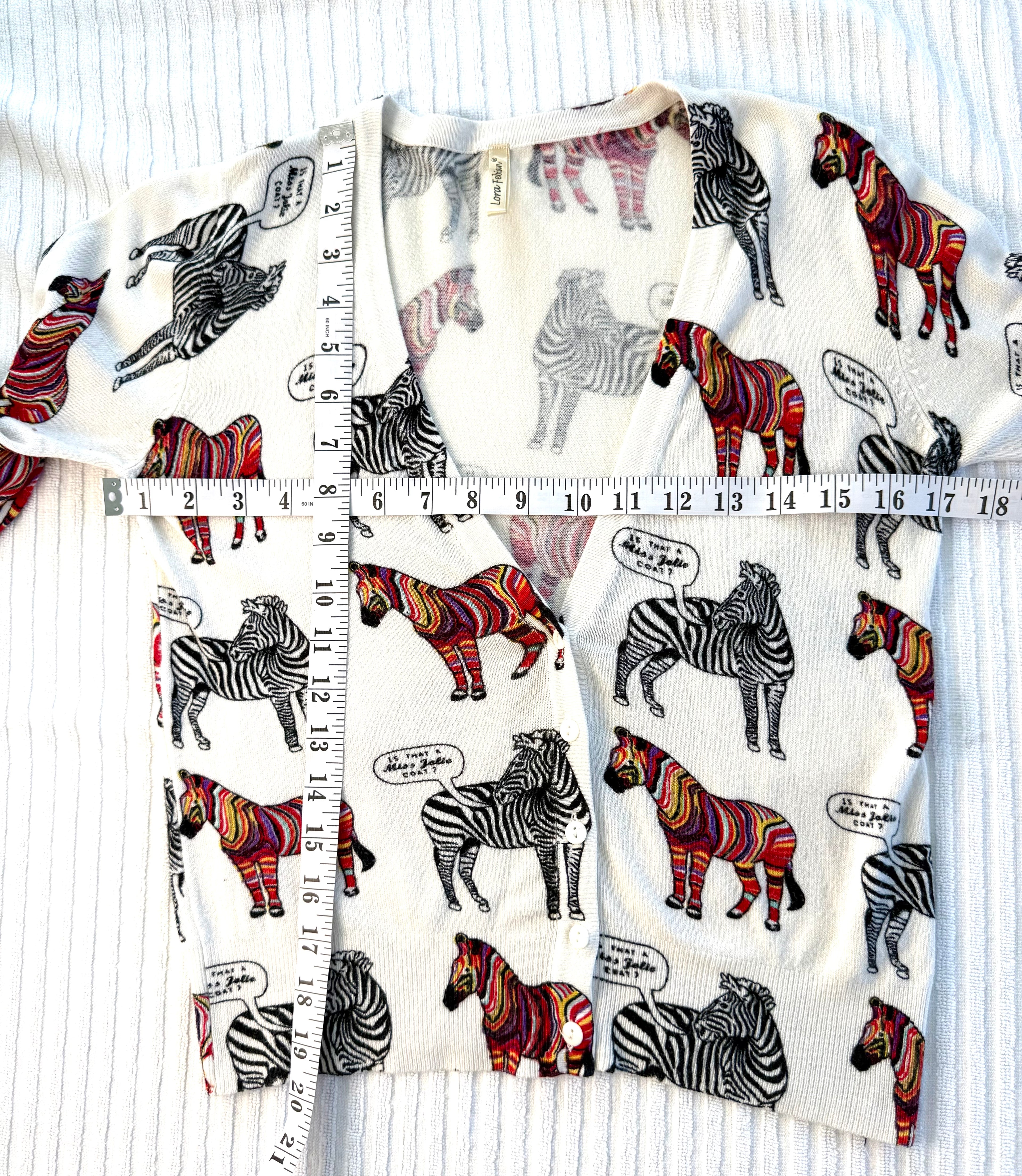 Lora Febian Novelty Zebra Print V-Neck Cardigan — Collector's Piece | Size S at Blue Sparrow Shop measuring 34" bust and 20" shoulder to hem