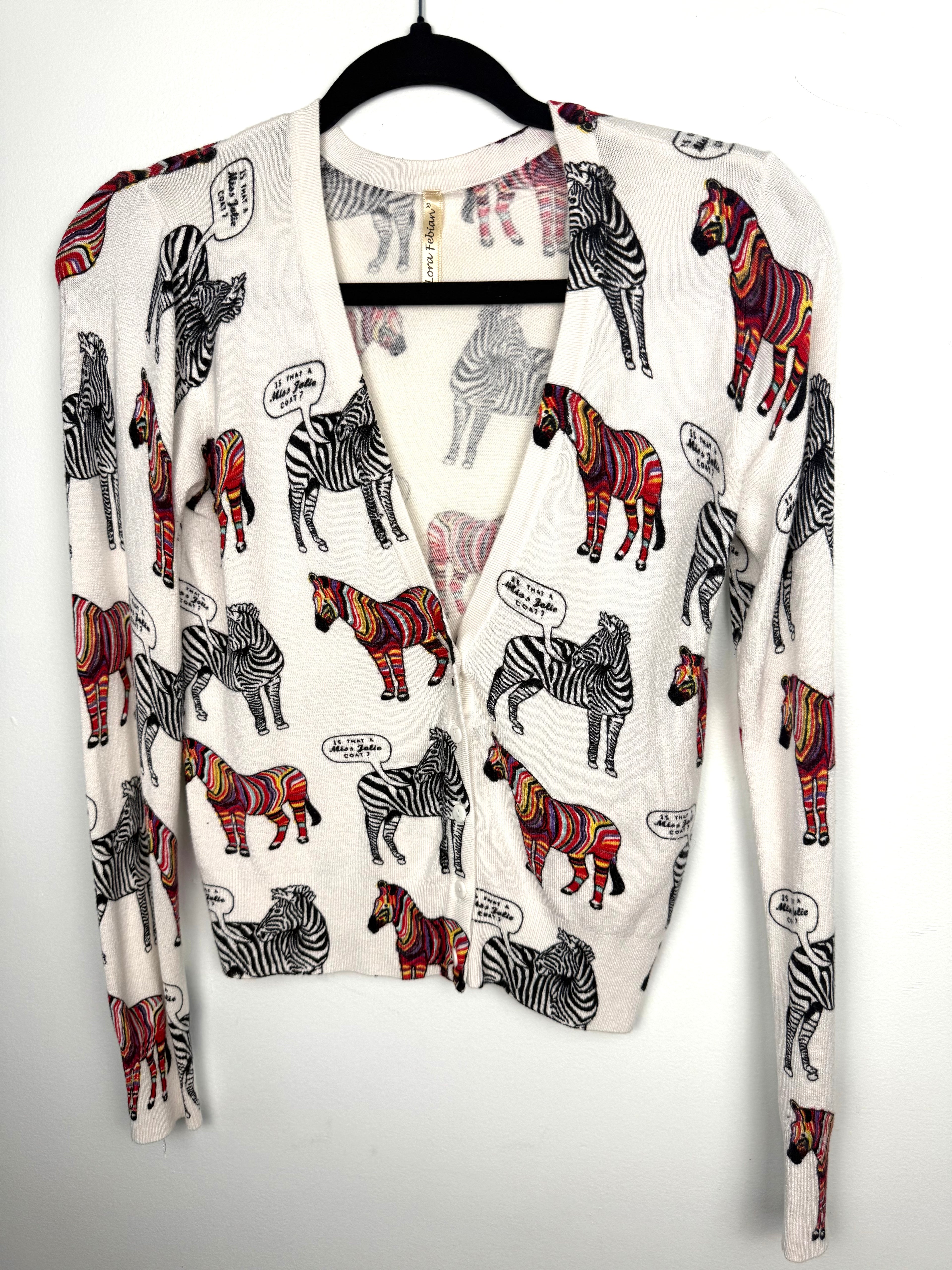 Lora Febian Novelty Zebra Print V-Neck Cardigan — Collector's Piece | Size S at Blue Sparrow Shop on hanger