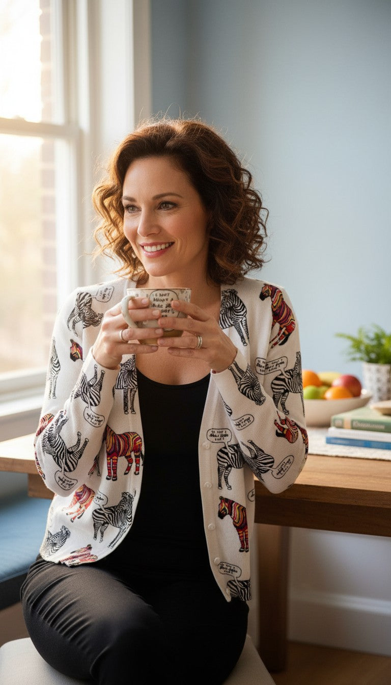 Lora Febian Novelty Zebra Print V-Neck Cardigan — Collector's Piece | Size S at Blue Sparrow Shop on woman drinking coffee