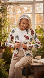 Lora Febian Novelty Zebra Print V-Neck Cardigan — Collector's Piece | Size S at Blue Sparrow Shop on woman in garden centre