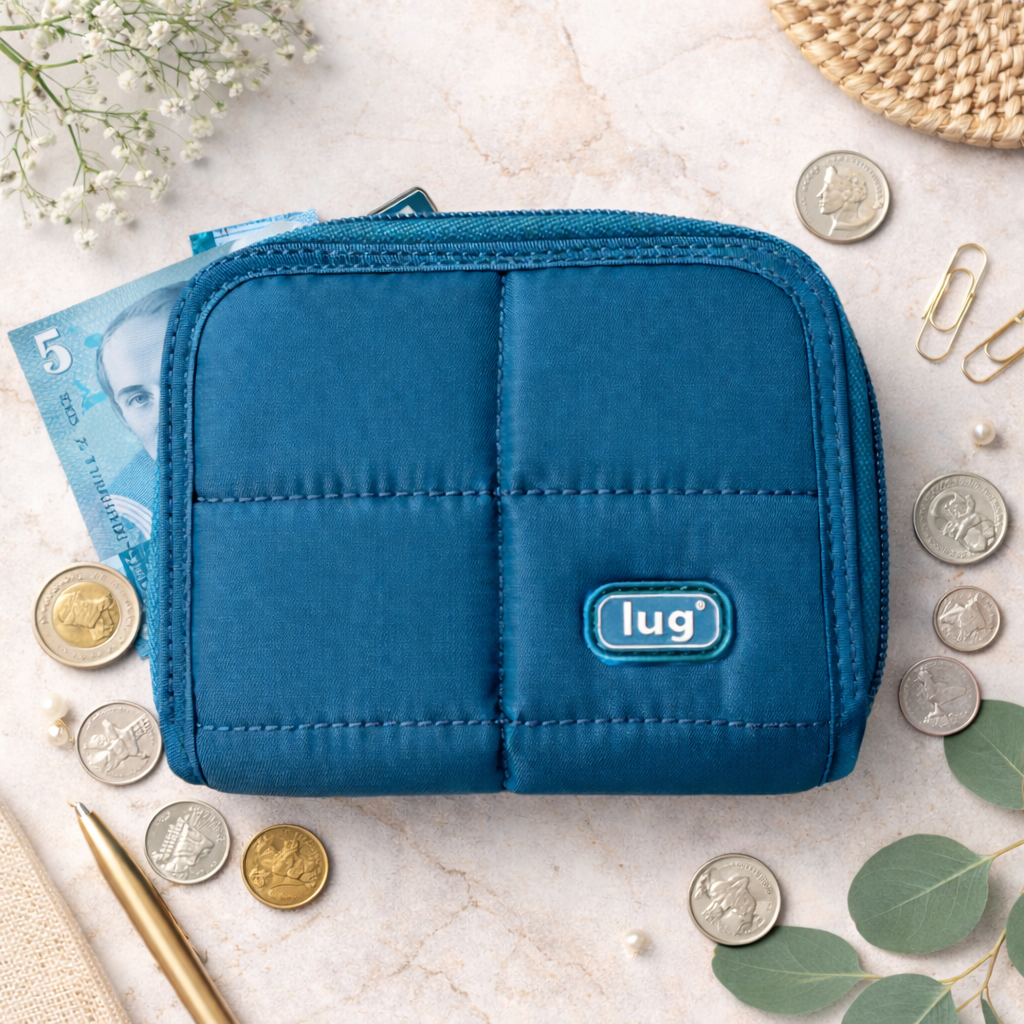 Lug Double Zip Wallet at Blue Sparrow Shop Resale on flatlay money
