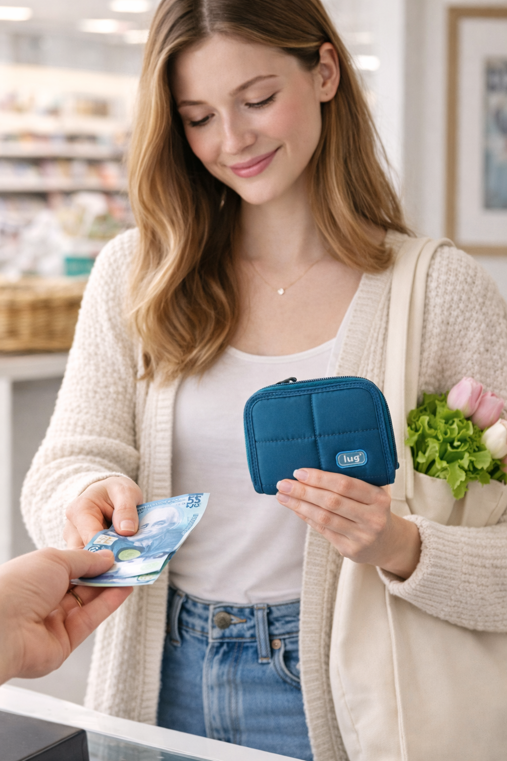 Lug Double Zip Wallet at Blue Sparrow Shop Resale on woman paying 