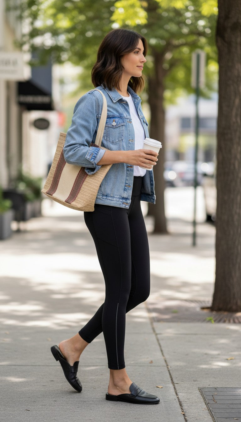 Lululemon Black High Waisted Leggings | Size 8 at Blue Sparrow Shop on woman with coffee on the street 