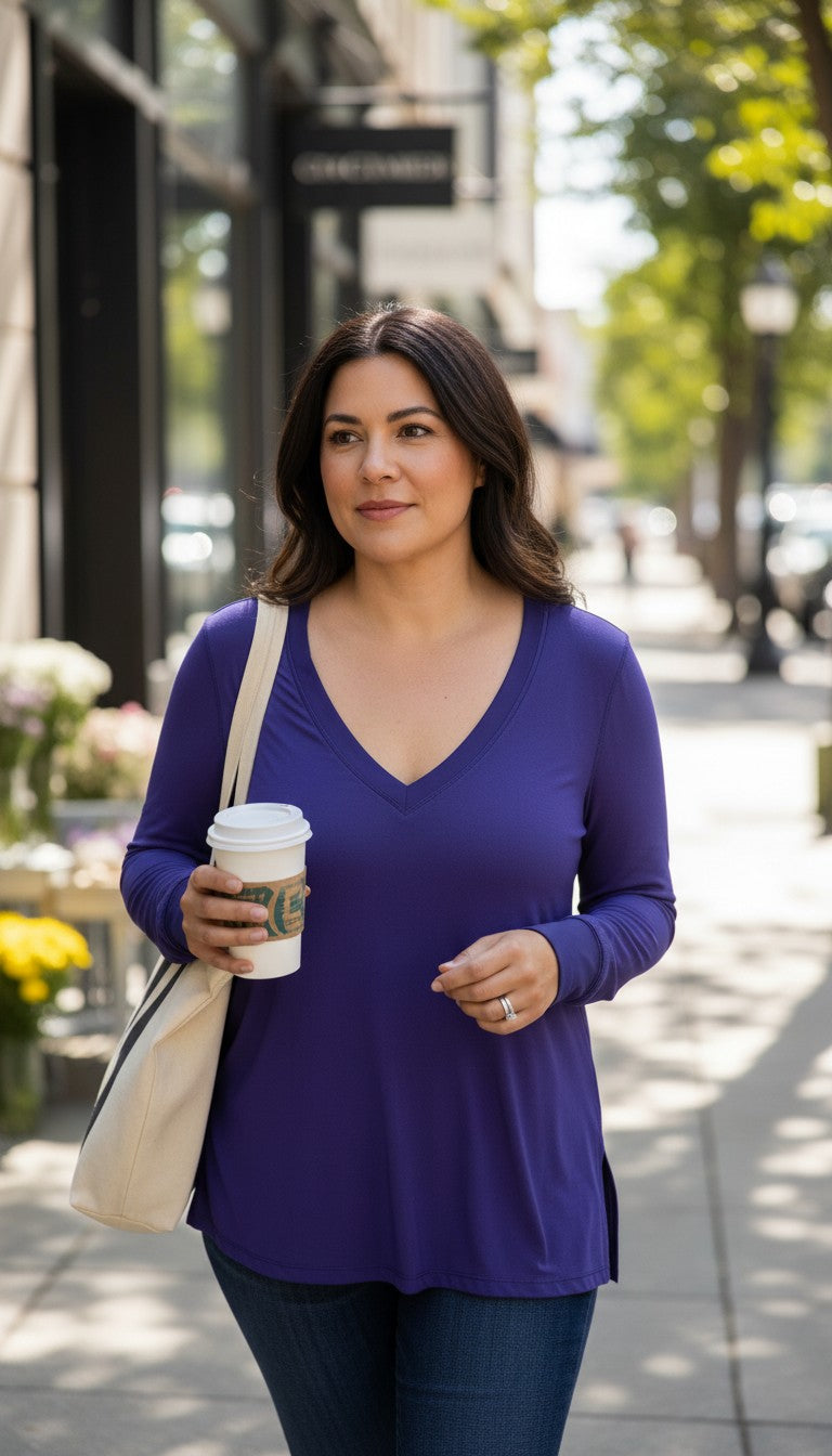 Lululemon Long Sleeve Top | Size 12 at Blue Sparrow Shop on woman walking outside with Starbucks coffee