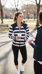 Lululemon Striped Zip Up Athletic Jacket | Size 8 at Blue Sparrow Shop on woman having coffee with friend outside