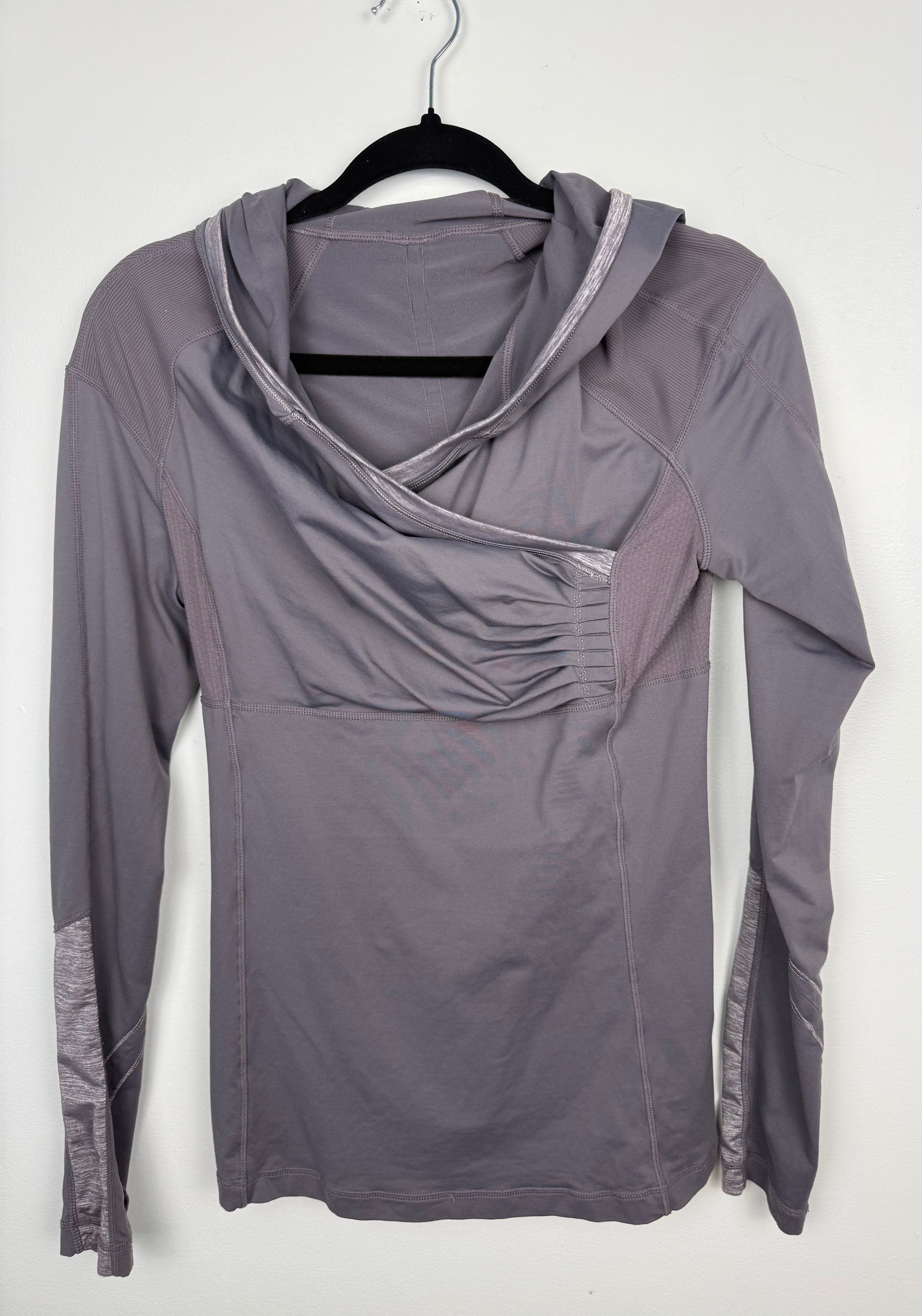 Lululemon grey  zip-up cowl hoodie running jacket back view size 6 thumbhole athletic jacket — Blue Sparrow pre-loved activewear on hanger
