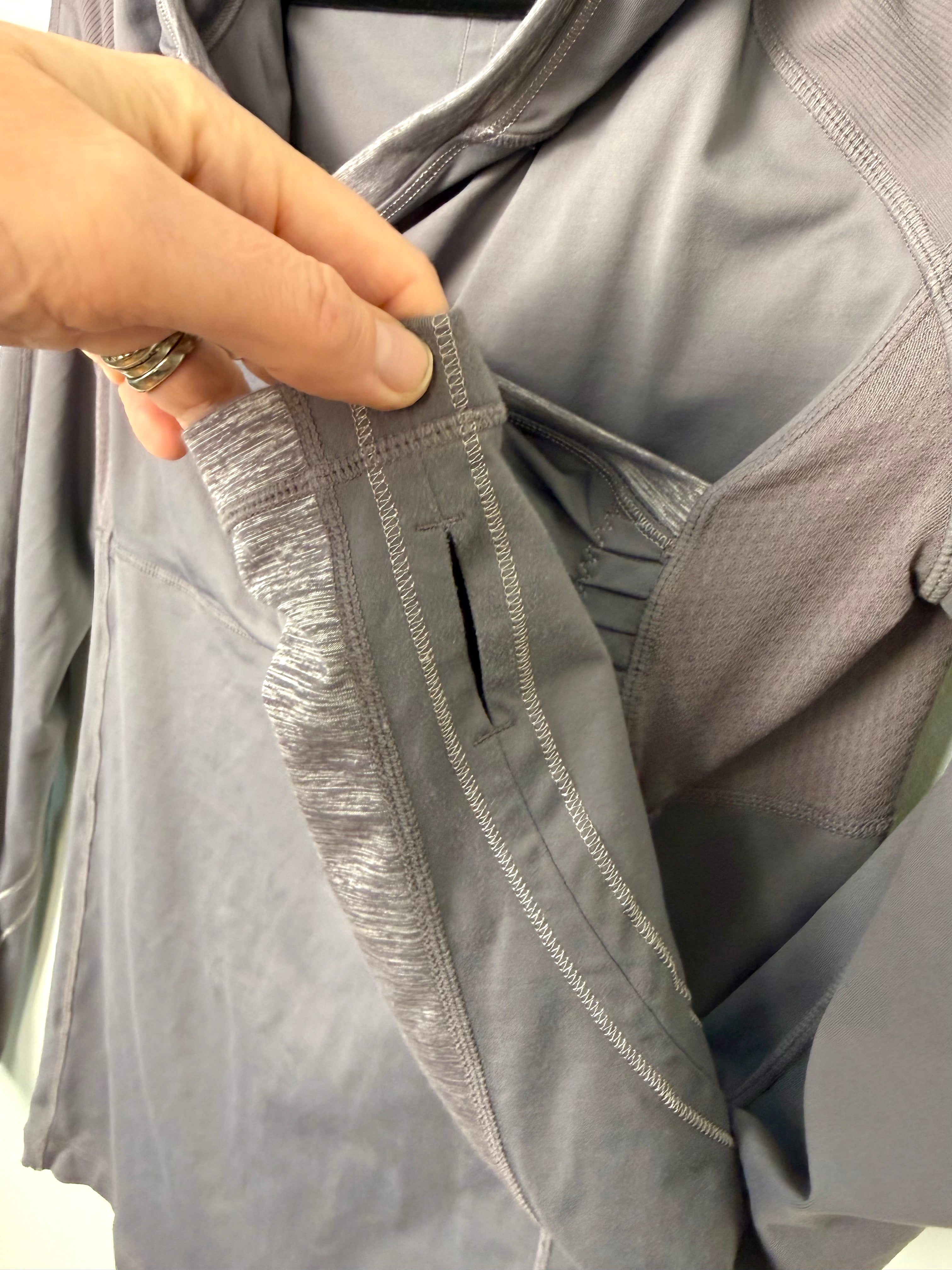 sleeve detail on Lululemon grey  zip-up cowl hoodie running jacket back view size 6 thumbhole athletic jacket — Blue Sparrow pre-loved activewear