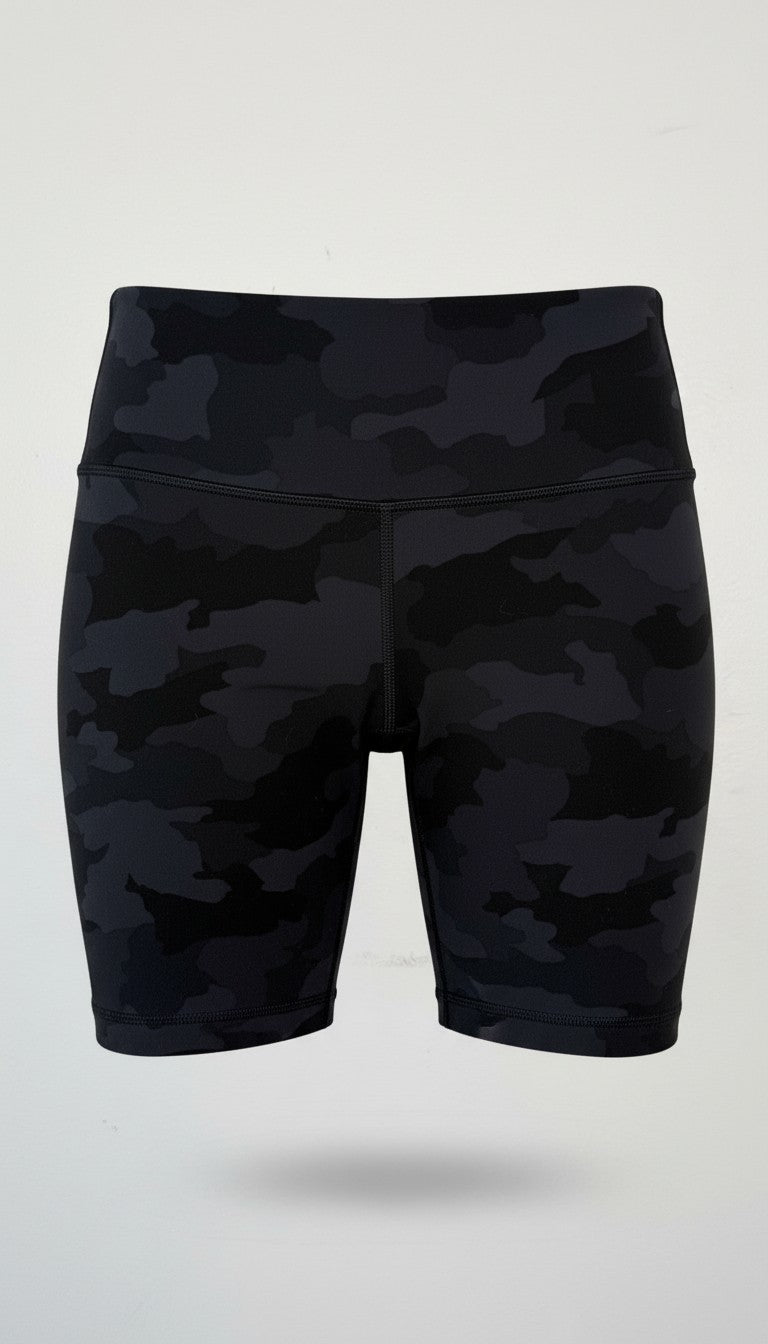 Lululemon shorts grey on black camo pattern at Blue Sparrow Shop