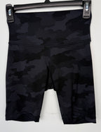 front of Lululemon shorts grey on black camo pattern at Blue Sparrow Shop on hanger