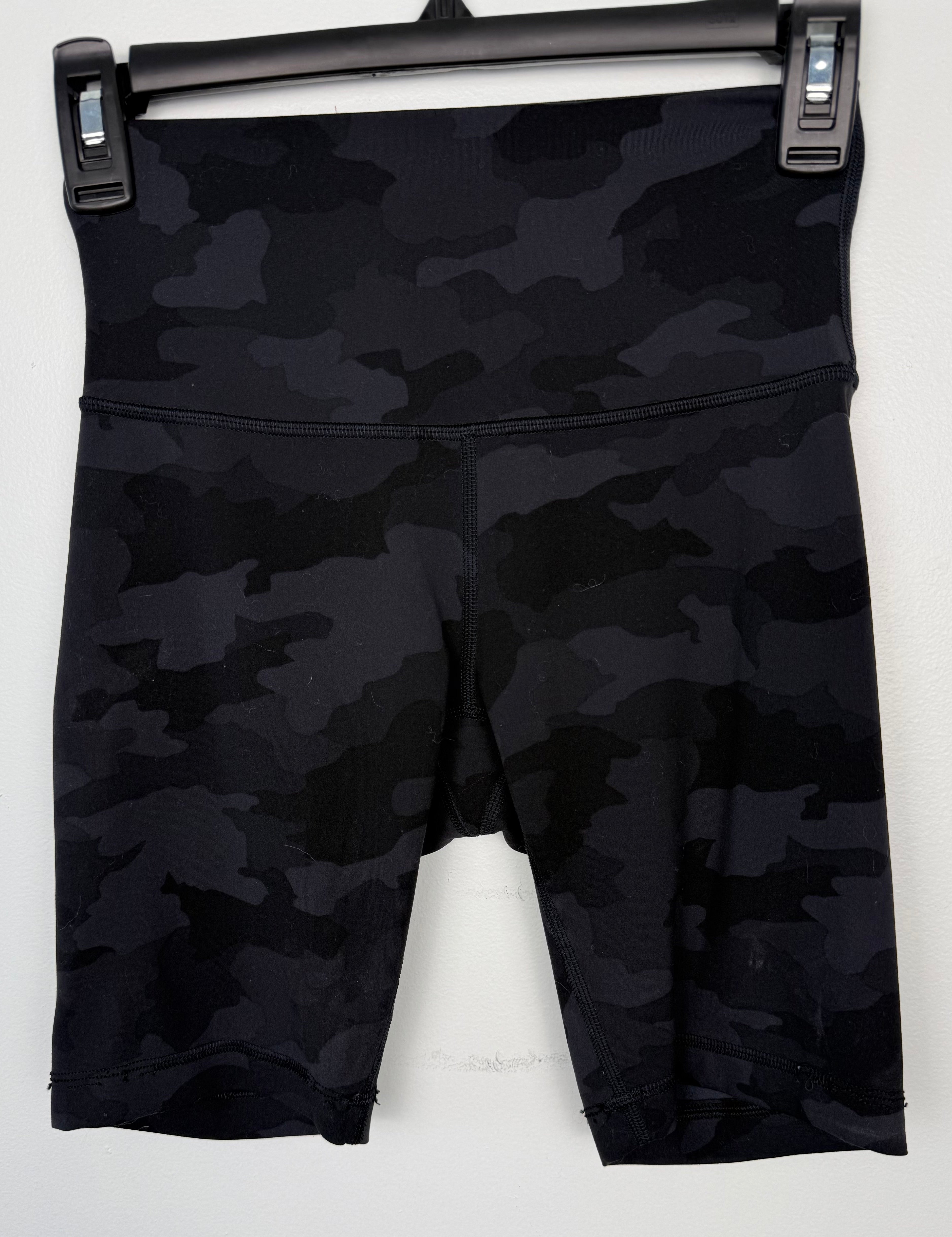 front of Lululemon shorts grey on black camo pattern at Blue Sparrow Shop on hanger