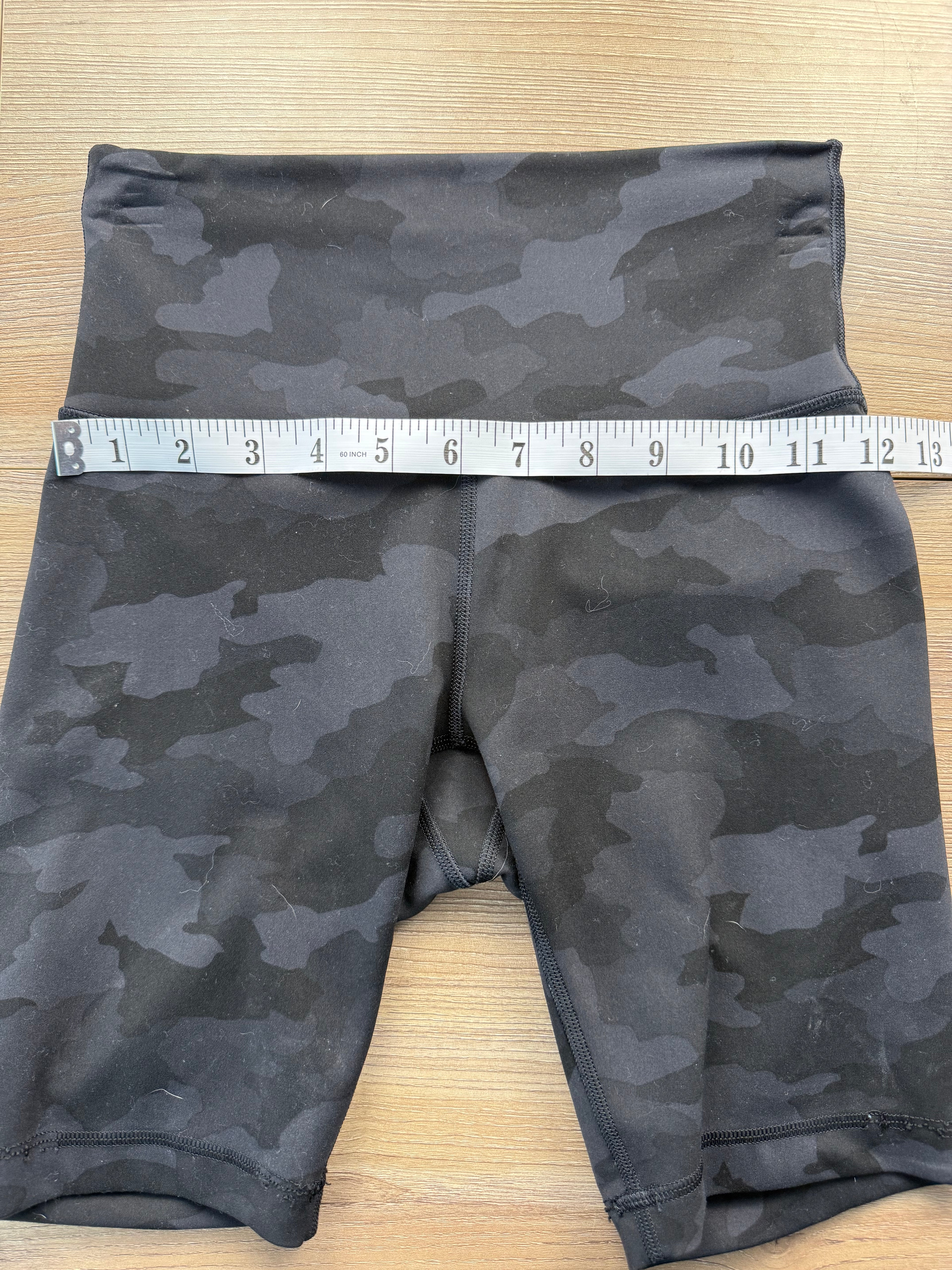 Lululemon shorts grey on black camo pattern at Blue Sparrow Shop measuring 24" hips