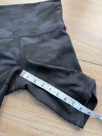 Lululemon shorts grey on black camo pattern at Blue Sparrow Shop measuring 8" inseam