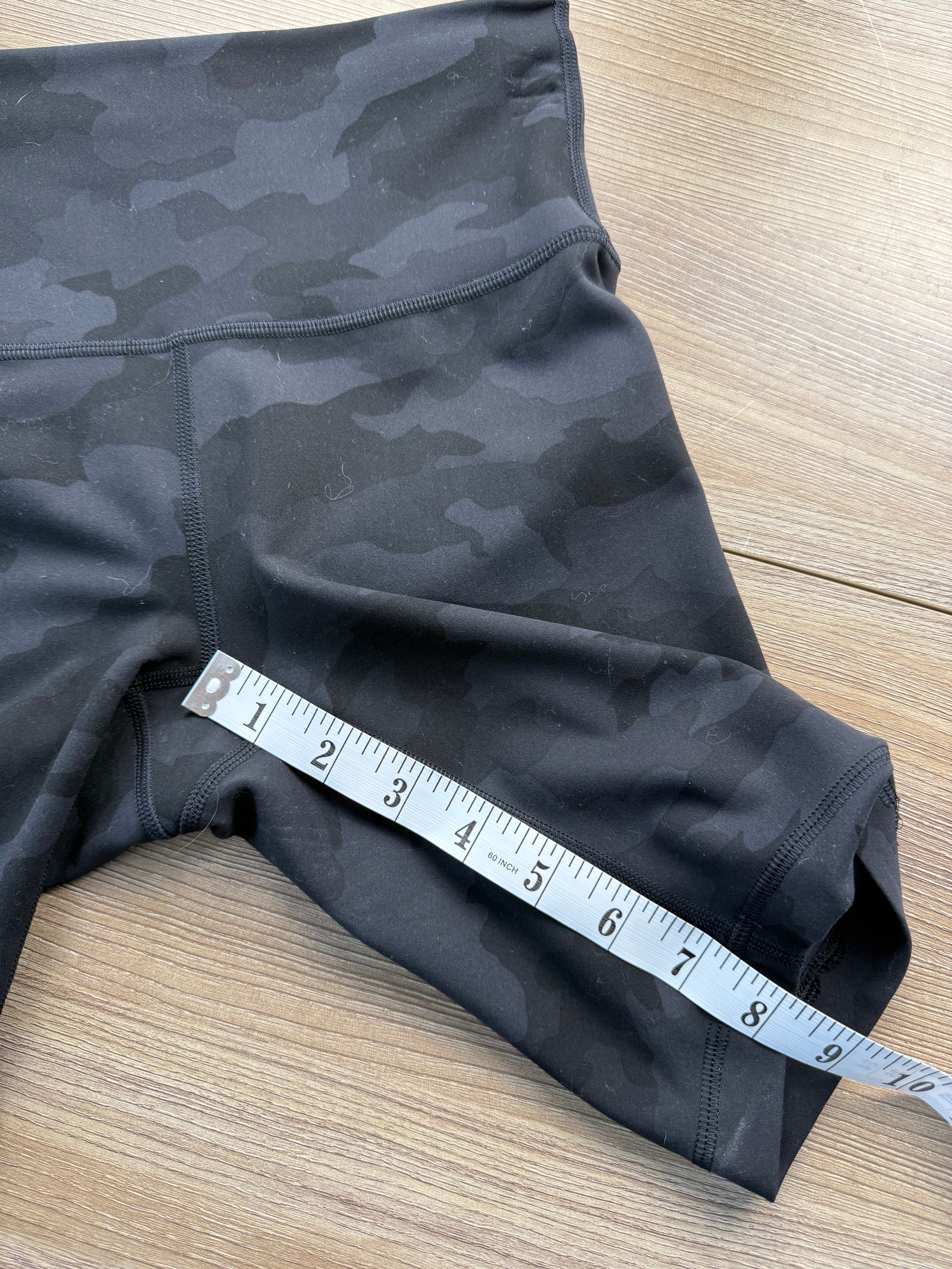 Lululemon shorts grey on black camo pattern at Blue Sparrow Shop measuring 8" inseam