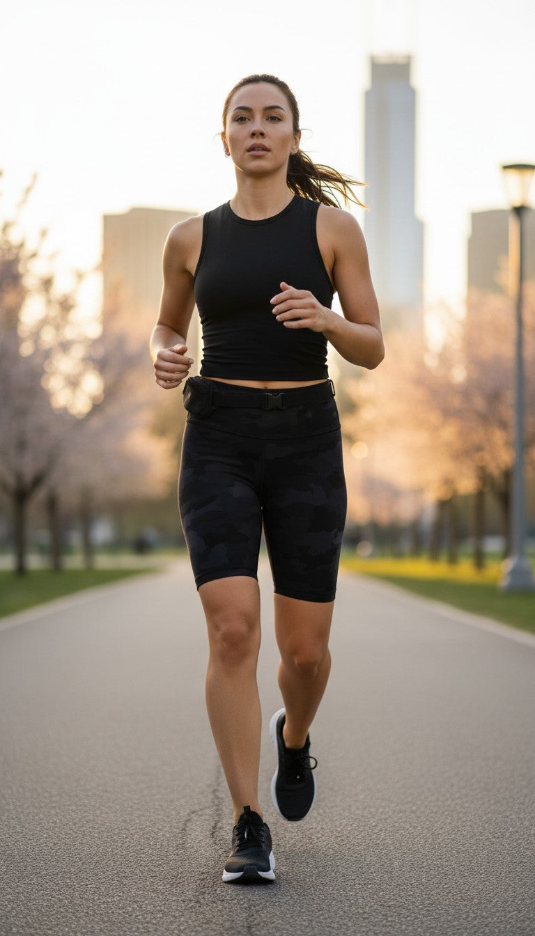 Lululemon shorts grey on black camo pattern at Blue Sparrow Shop on woman running