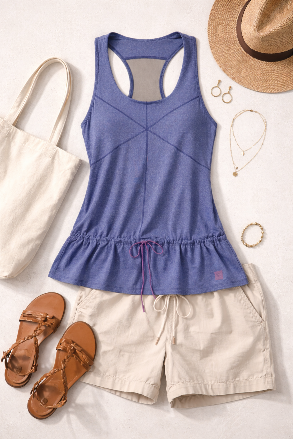 MEC Racerback Tank Top with Gathered Waist  at Blue Sparrow Shop  flatlay with shorts, sandals, bag, hat