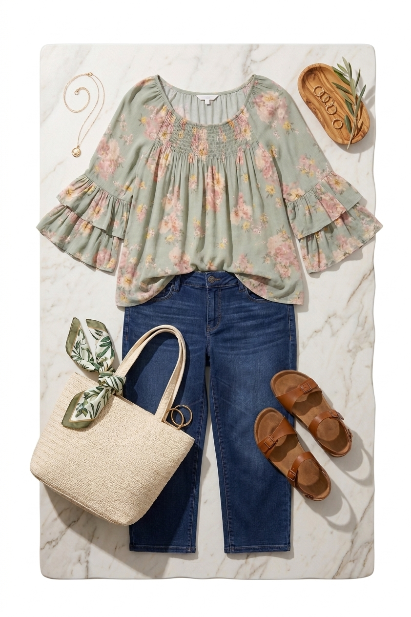 MOD Lusive Boho Peasant Blouse | Size S at Blue Sparrow Shop on flatlay with purse, sandals, capris