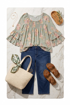 MOD Lusive Boho Peasant Blouse | Size S at Blue Sparrow Shop on flatlay with purse, sandals, capris