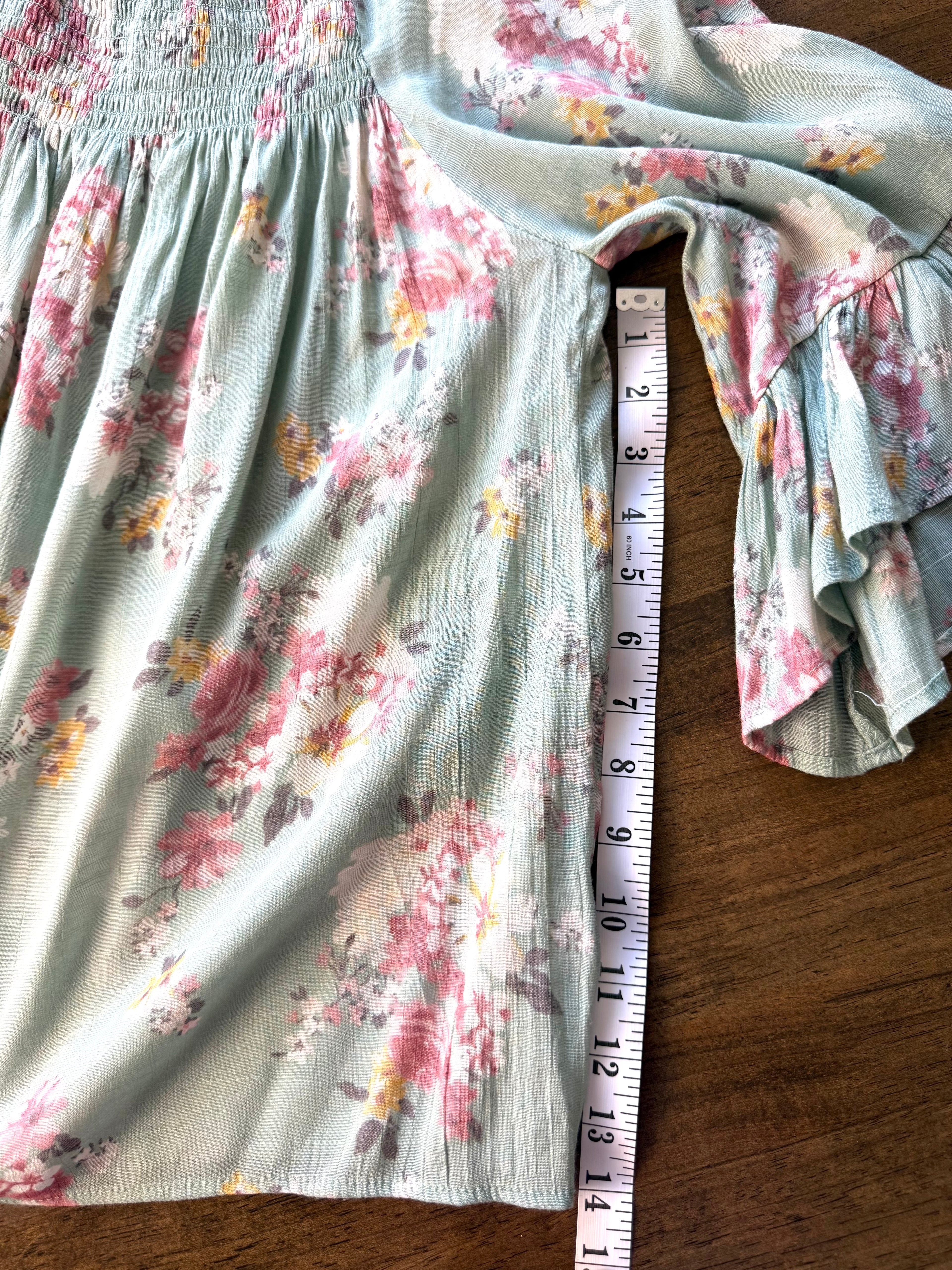 MOD Lusive Boho Peasant Blouse at Blue Sparrow Shop measuring 14" underarm to hem 