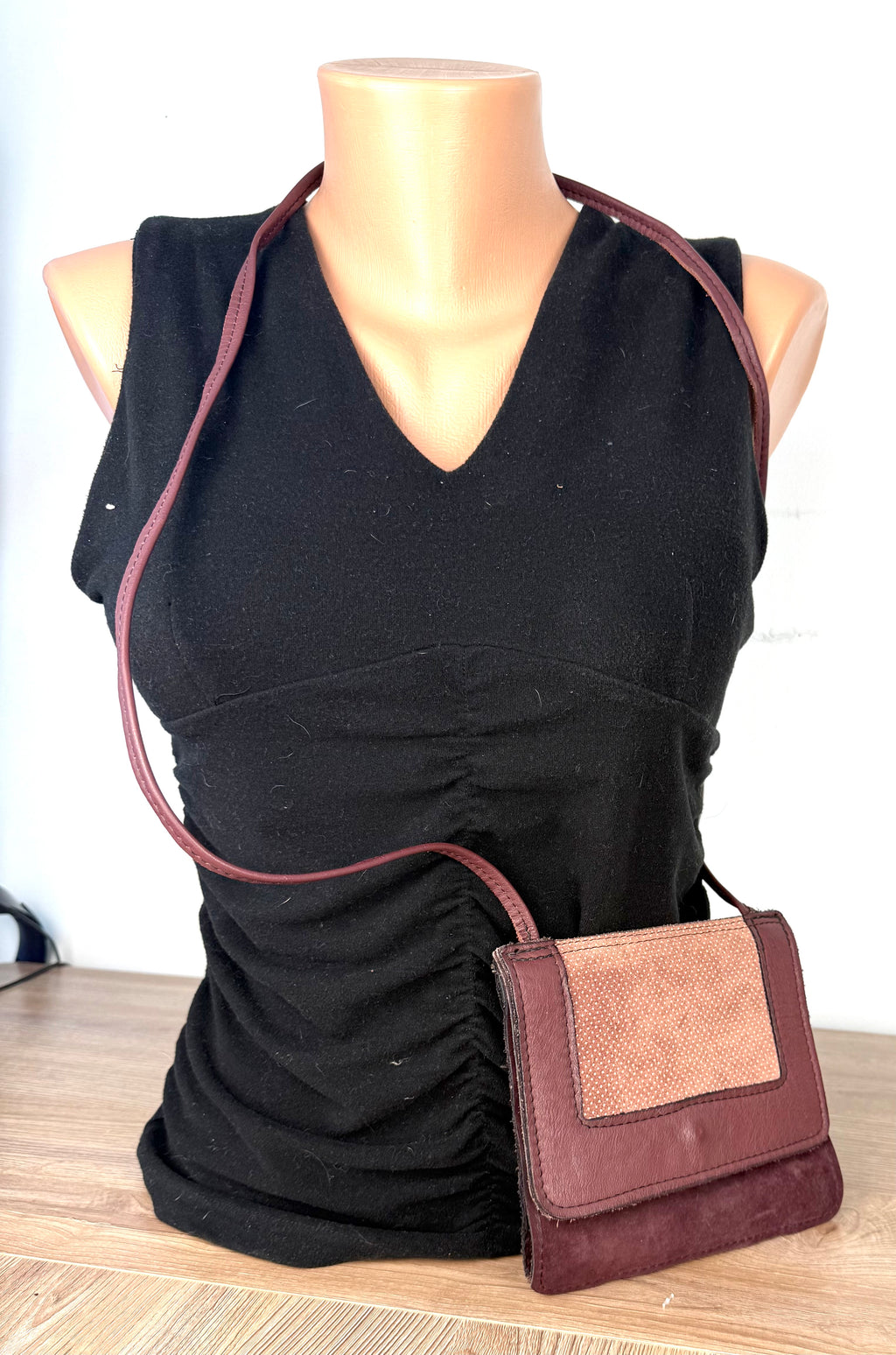 Made in Canada Leatherworks Crossbody Bag  on mannequin to show size 