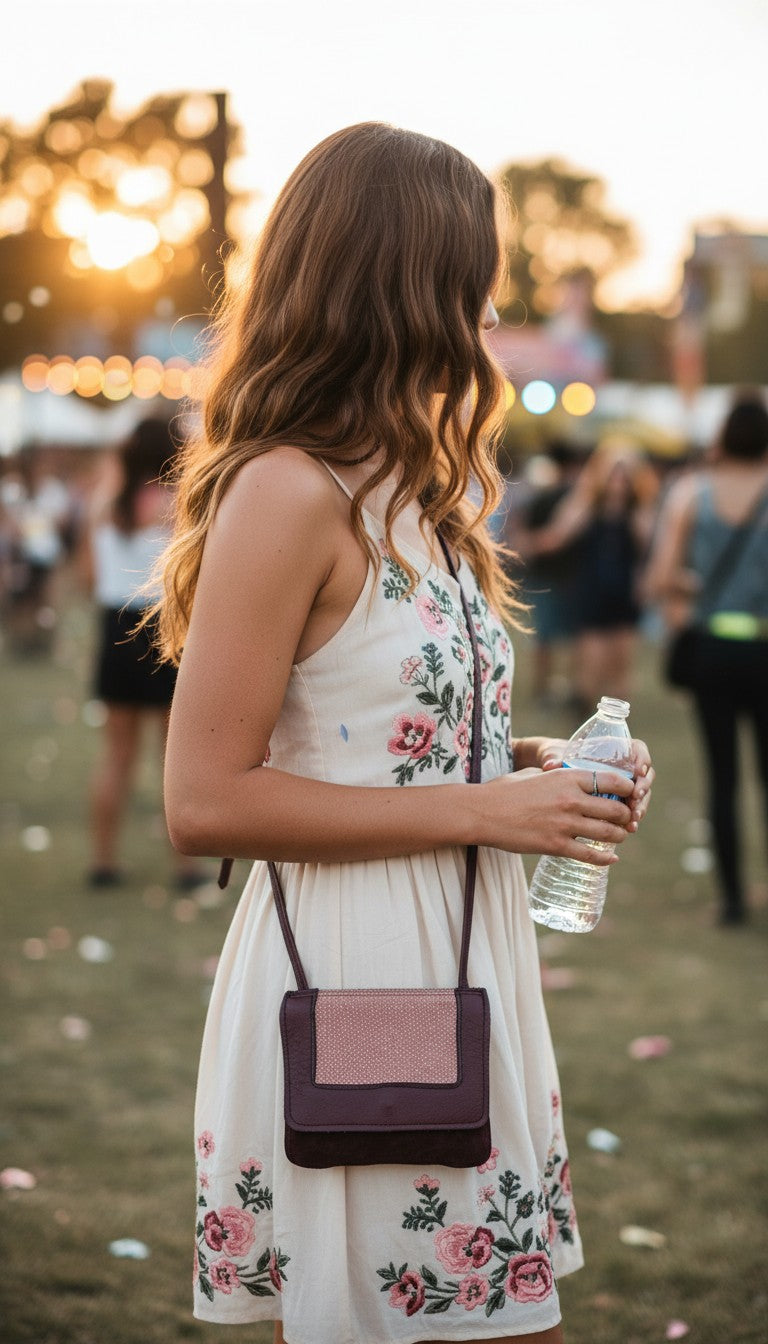 Made in Canada Vintage Leatherworks Crossbody Bag at Blue Sparrow Shop on woman at festival 