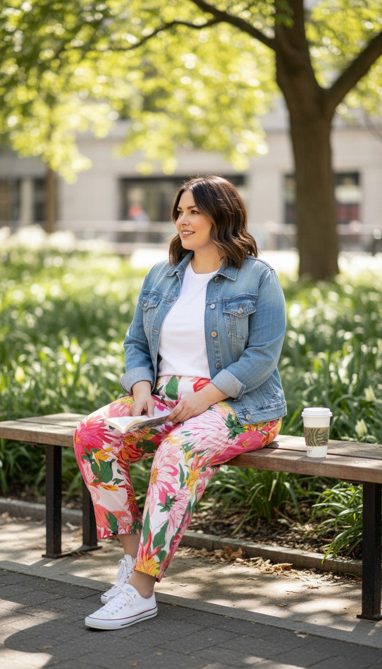 Made in Canada Picadilly Wide Leg  Palazzo Style Pants | Size XXL at Blue Sparrow Shop on woman sitting on park bench