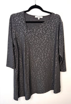 front of Made in Canada Sympli Asymmetrical 3/4 Sleeve Top | Size 14 on hanger