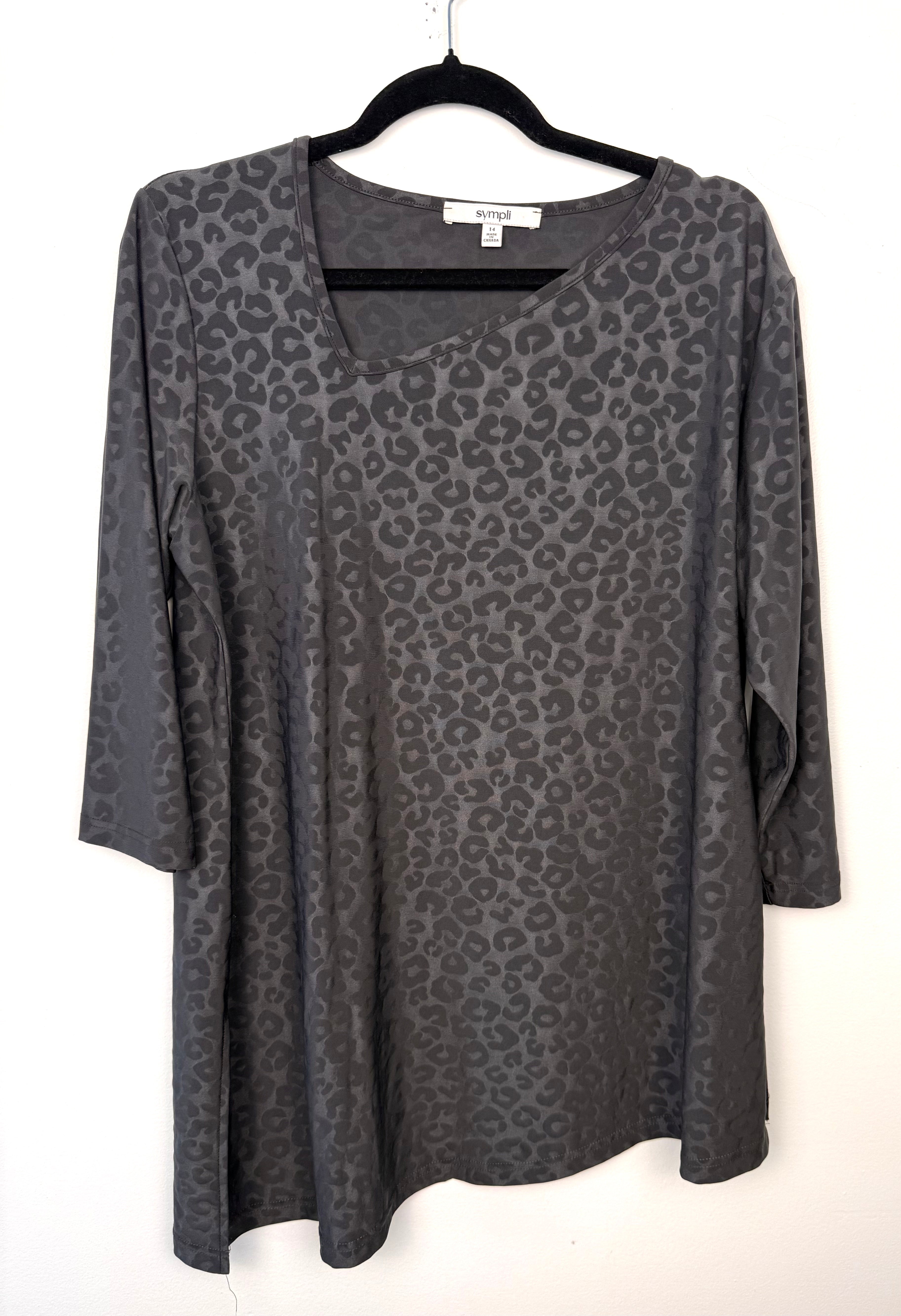 front of Made in Canada Sympli Asymmetrical 3/4 Sleeve Top | Size 14 on hanger