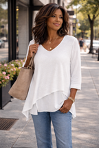 Made in Canada Sympli Asymmetrical Knit Tunic Top at Blue Sparrow Shop on woman outdoors 