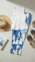 Made in Canada Sympli Palazzo Pants | Size 14 at Blue Sparrow Shop  lifestyle photo with white tank, shoes, hat