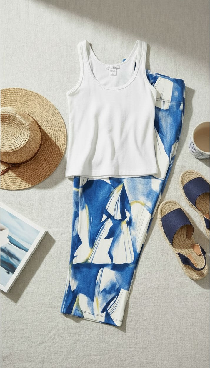 Made in Canada Sympli Palazzo Pants | Size 14 at Blue Sparrow Shop  lifestyle photo with white tank, shoes, hat