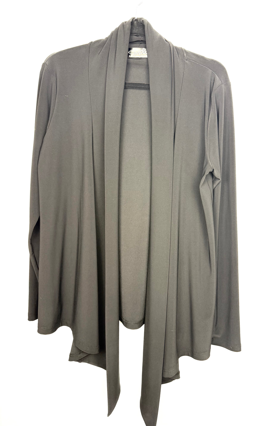 Sympli Waterfall Front Open Jacket in black on hanger